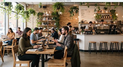 Café interior with tables for laptop work